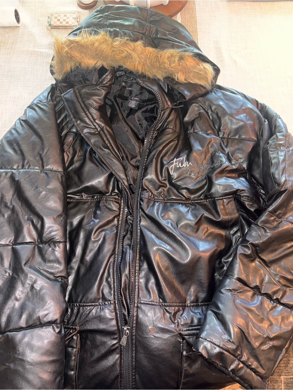 Vintage FUBU The Collection Puffer Jacket 2X Black Faux Leather Fur Hood Y2K